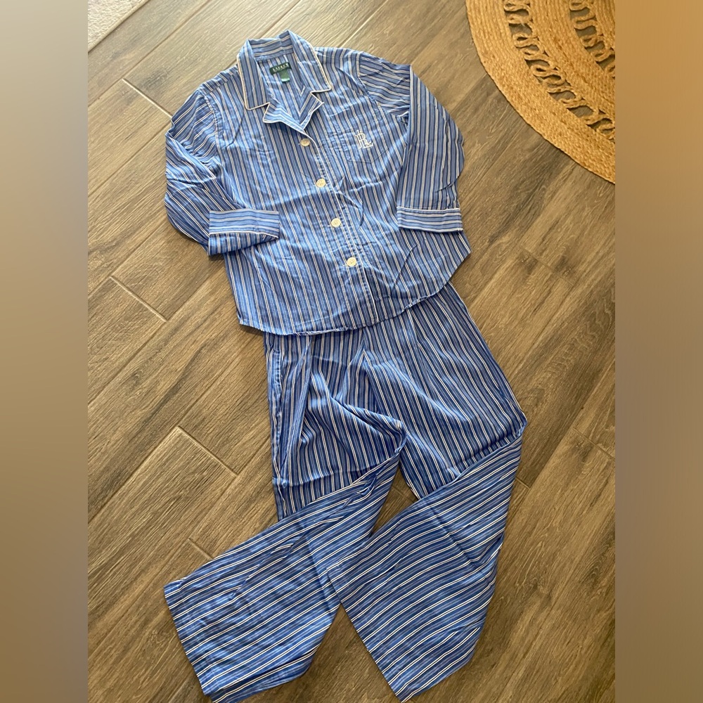 Lauren Ralph Lauren Women’s Pajama Set Blue White Stripe Size XL Cotton